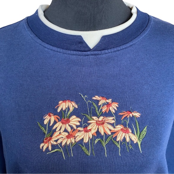 Vintage 90s Embroidered Crewneck Sweater Navy Blue Yellow Flowers Women’s Large - Picture 5 of 5